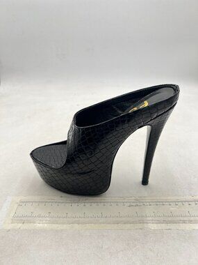 FSJ Black Crocodile Embossed Peep Toe Platform High Heel Mules